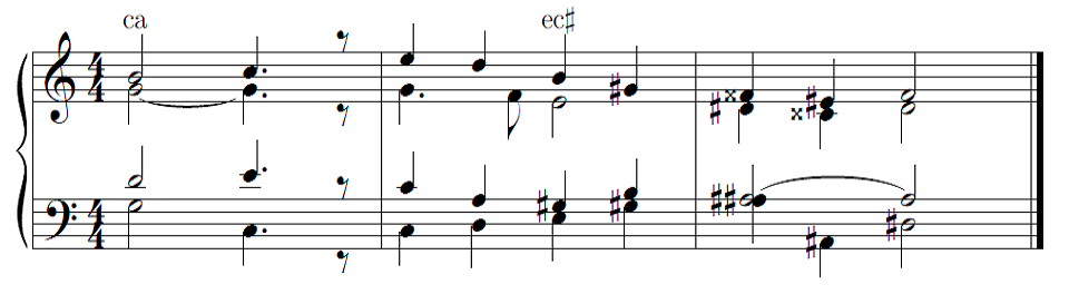 Score of modulation from C to D♯ by Reger with chord annotations